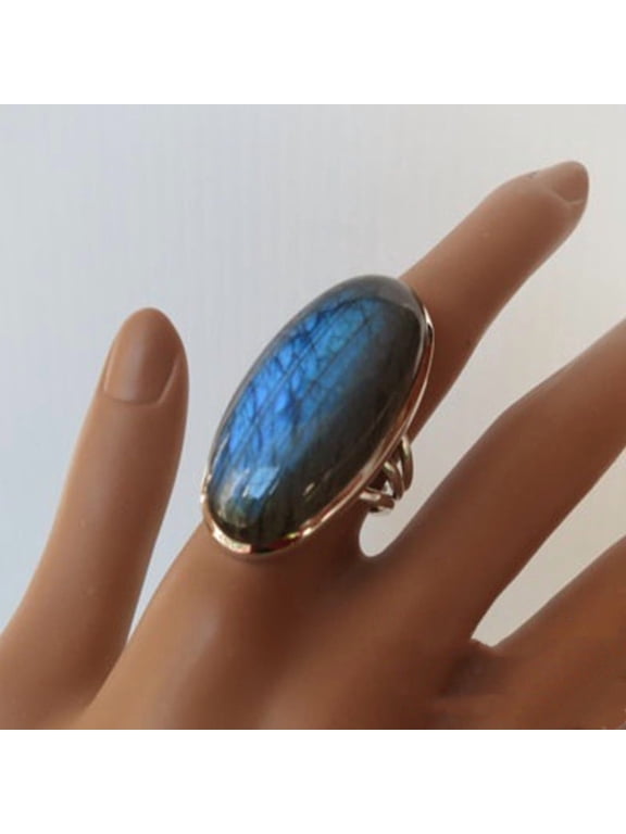 -A Size 10 Blue Flash Handmade Ring Promise Gift For Her Oval Jewelry - 1 Piece