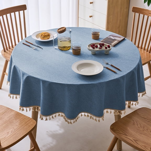 XmhyTop-A Tassel Solid Color Round Table Cover Dark Blue 160x160cm Polyester Tablecloth 1 Piece for Dining & Party Decor