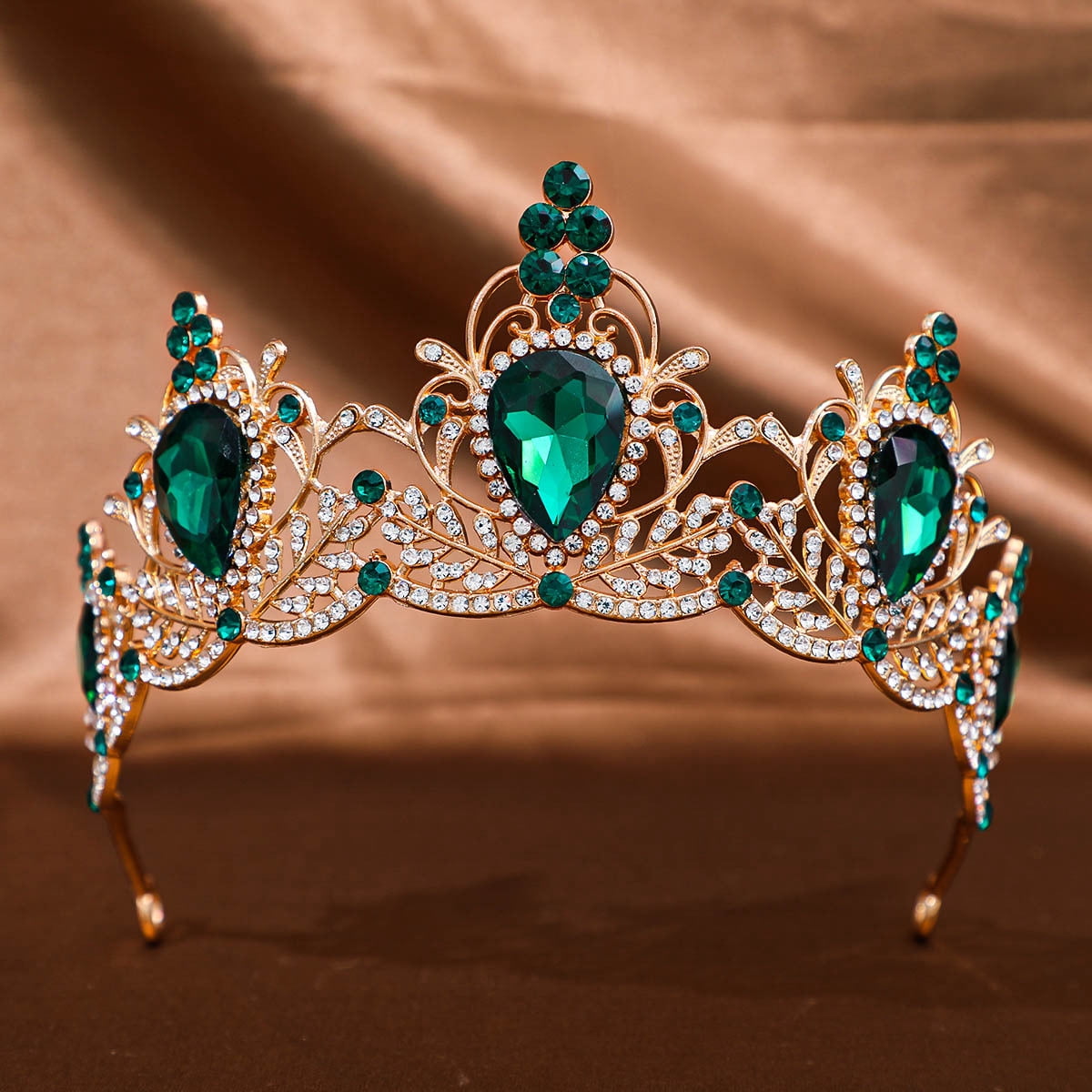 Emerald Gold Tiara Royal Wedding Bride Bridal Pageant Crown Rhinestone Birthday Wedding Jeweled Headband Green Rhinestone Bridal Tiara  main image 3
