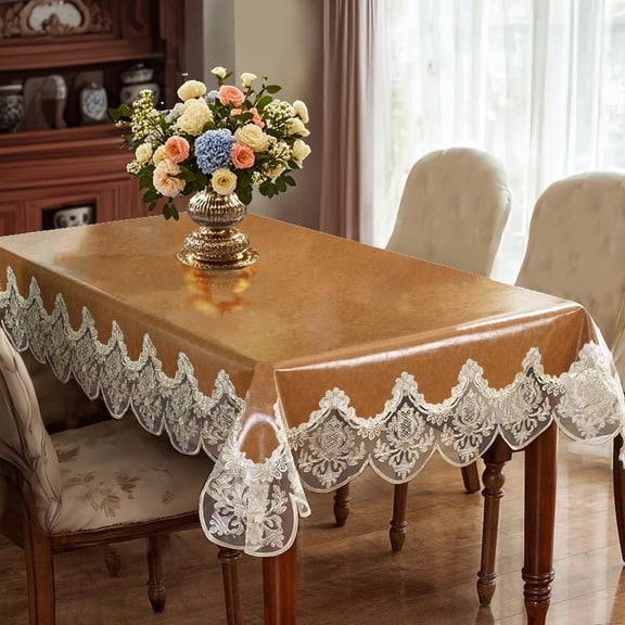 XmhyTop-A Vegan Leather Tablecloth with Elegant Lace Edge, 100x140cm Dining Kitchen Table Cover for Holiday Party Decor,Brown