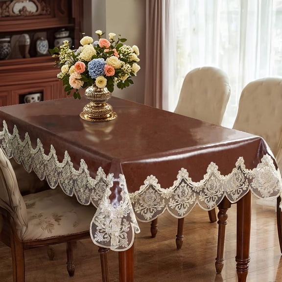 XmhyTop-A Vegan Leather Tablecloth with Elegant Lace Edge, 100x140cm Dining Kitchen Table Cover for Holiday Party Decor,Dark Brown