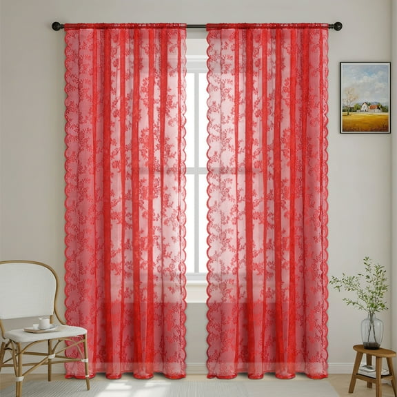 XmhyTop-A Vintage Lace Curtains Panels, 100x100cm Red Sheer Curtains 2 Pack, Vintage Embroidered Sheer Drapes, Rod Pocket Design, Ideal for Bedroom, Living Room