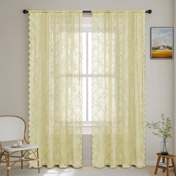 XmhyTop-A Vintage Lace Curtains Panels, 150*100cm Beige Sheer Curtains 2 Pack, Vintage Embroidered Sheer Drapes, Rod Pocket Design, Ideal for Bedroom, Living Room