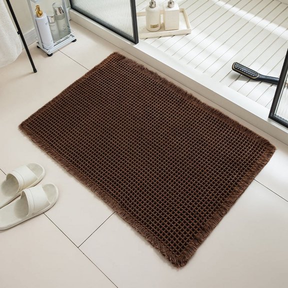 XmhyTop-A Waffle Bath Mat Non Slip Bath Mats for Bathroom Rugs 61*43cm with Tassels Rubber Backed Bathroom Mats,Brown