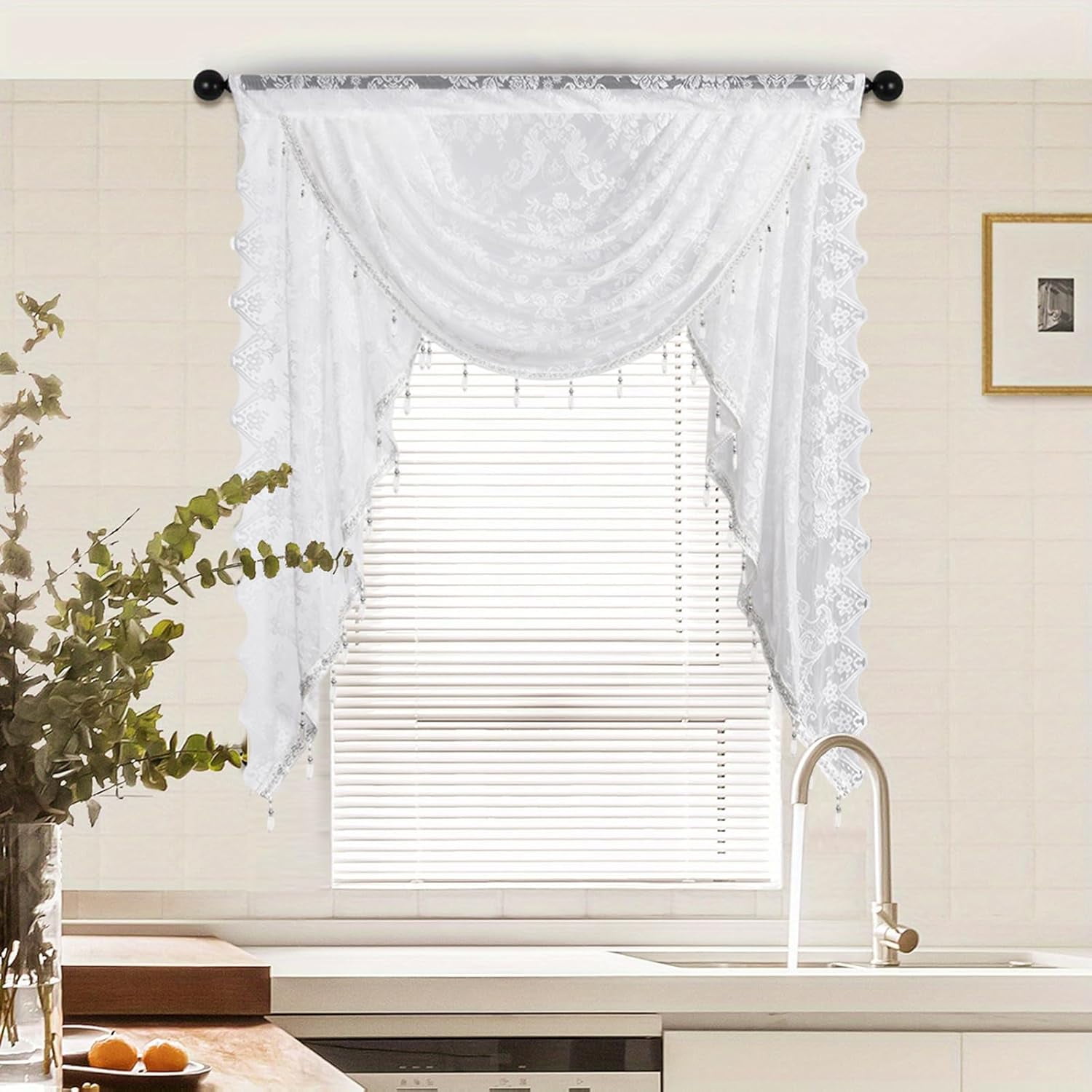 XmhyTop-A White Window Valance 100x105cm, 1 Piece Bead Tassels Floral Semi Sheer Rod Pocket Valance Curtains, Decorative Lace Valance for Home
