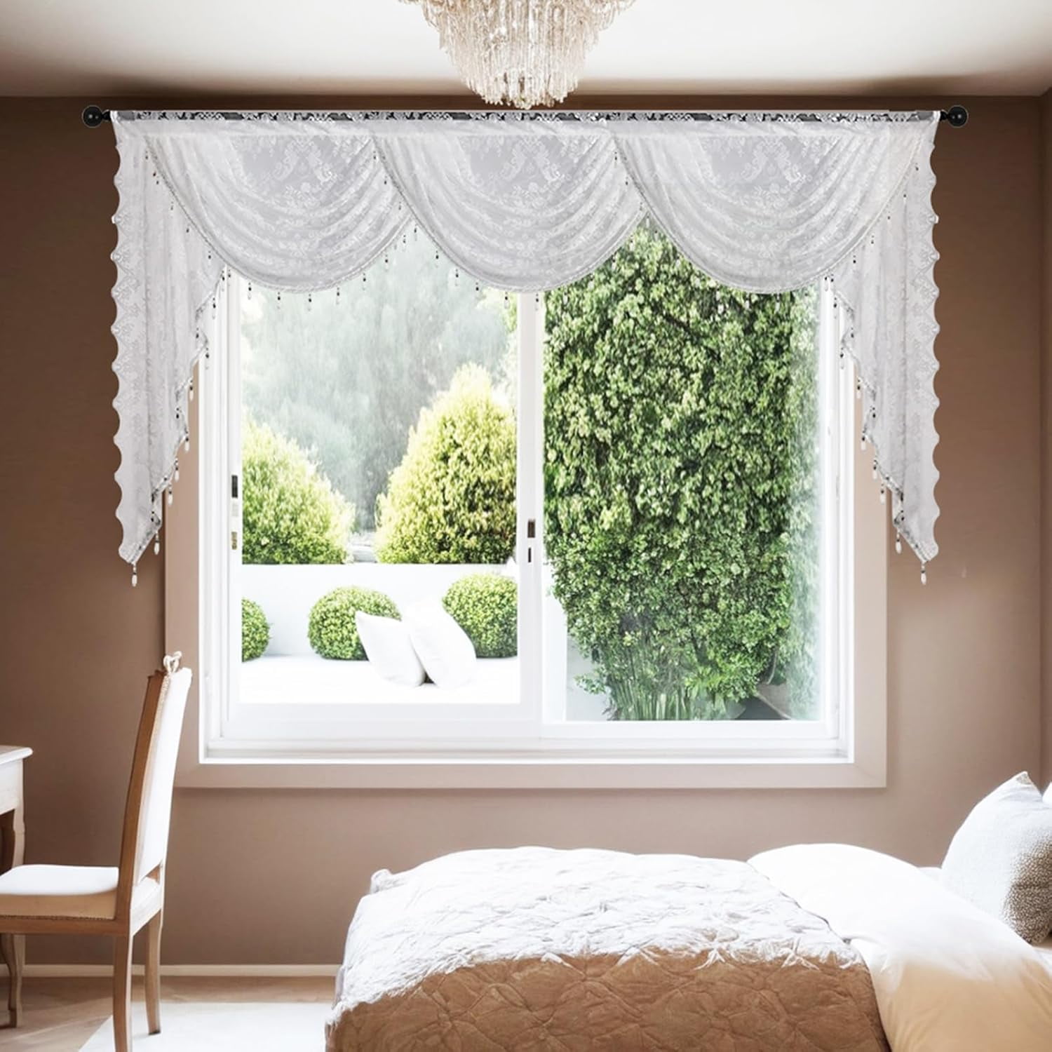 XmhyTop-A White Window Valance 250x105cm, 1 Piece Bead Tassels Floral Semi Sheer Rod Pocket Valance Curtains, Decorative Lace Valance for Home