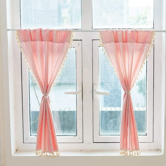 XmhyTop Boho Embroidered Kitchen Tier Curtains with Tassels Rod Pocket Farmhouse Linen Textured Cafe Half Window Curtain, 1 Panel (Pink,52"x18")