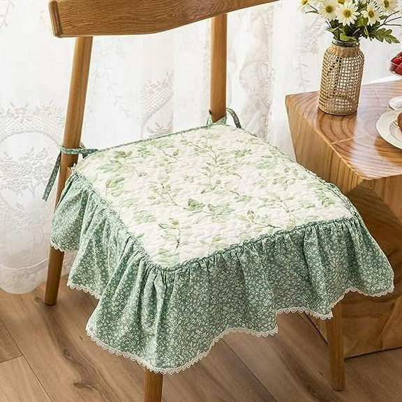 XmhyTop Boho Ruffled Printed Chair Cushion - Ultra Soft Cotton, Leaf Pattern, Tie-On Non-Slip Seat Pad for Kitchen Dining Chairs (Light Green,18"x18")