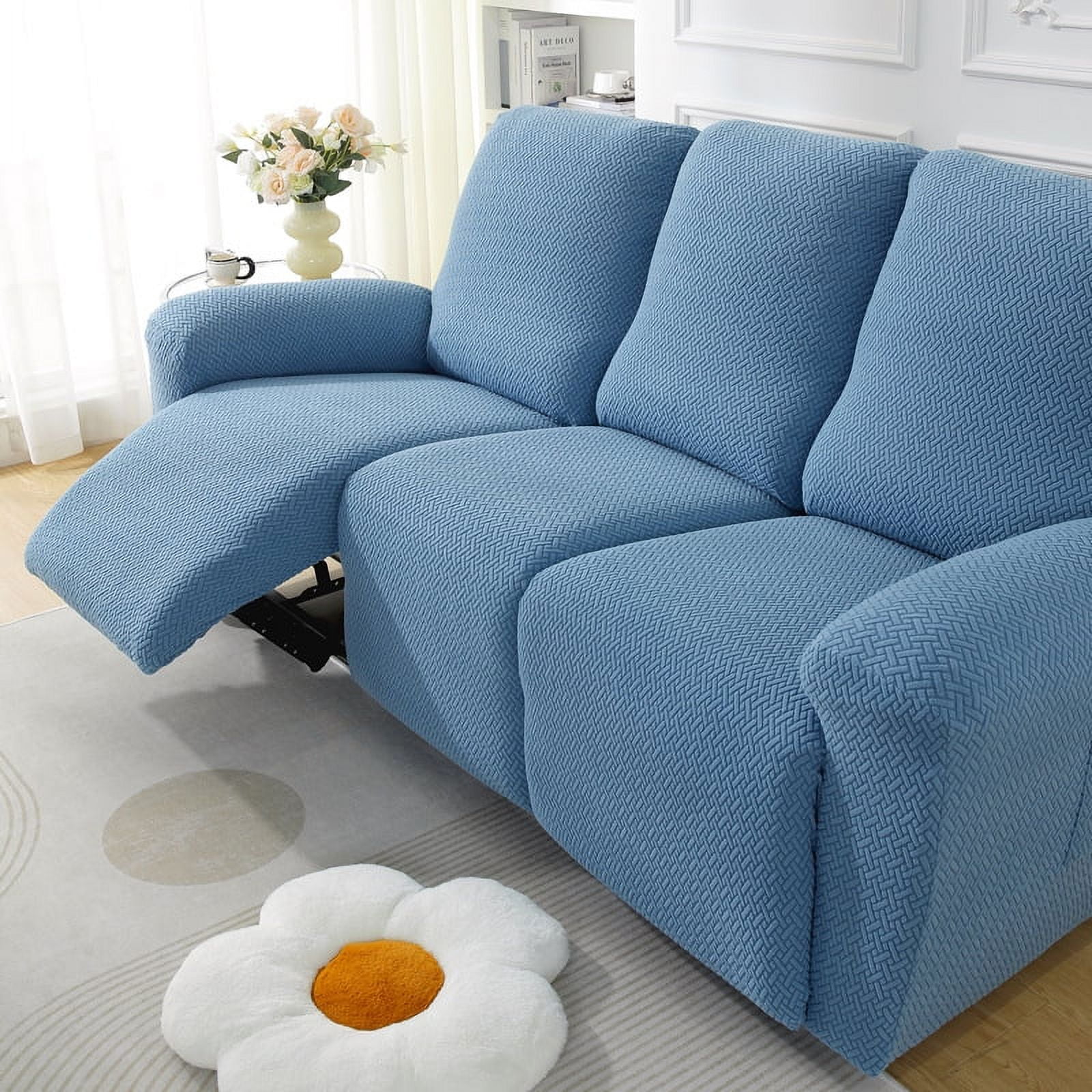 XmhyTop Couch Cover Solid Color Stretch Sofa Covers Jacquard Easy - Fit Washable Reclining Chair Cover for Living Room Sofa - Ideal Furniture Protector(Blue,3 seat)