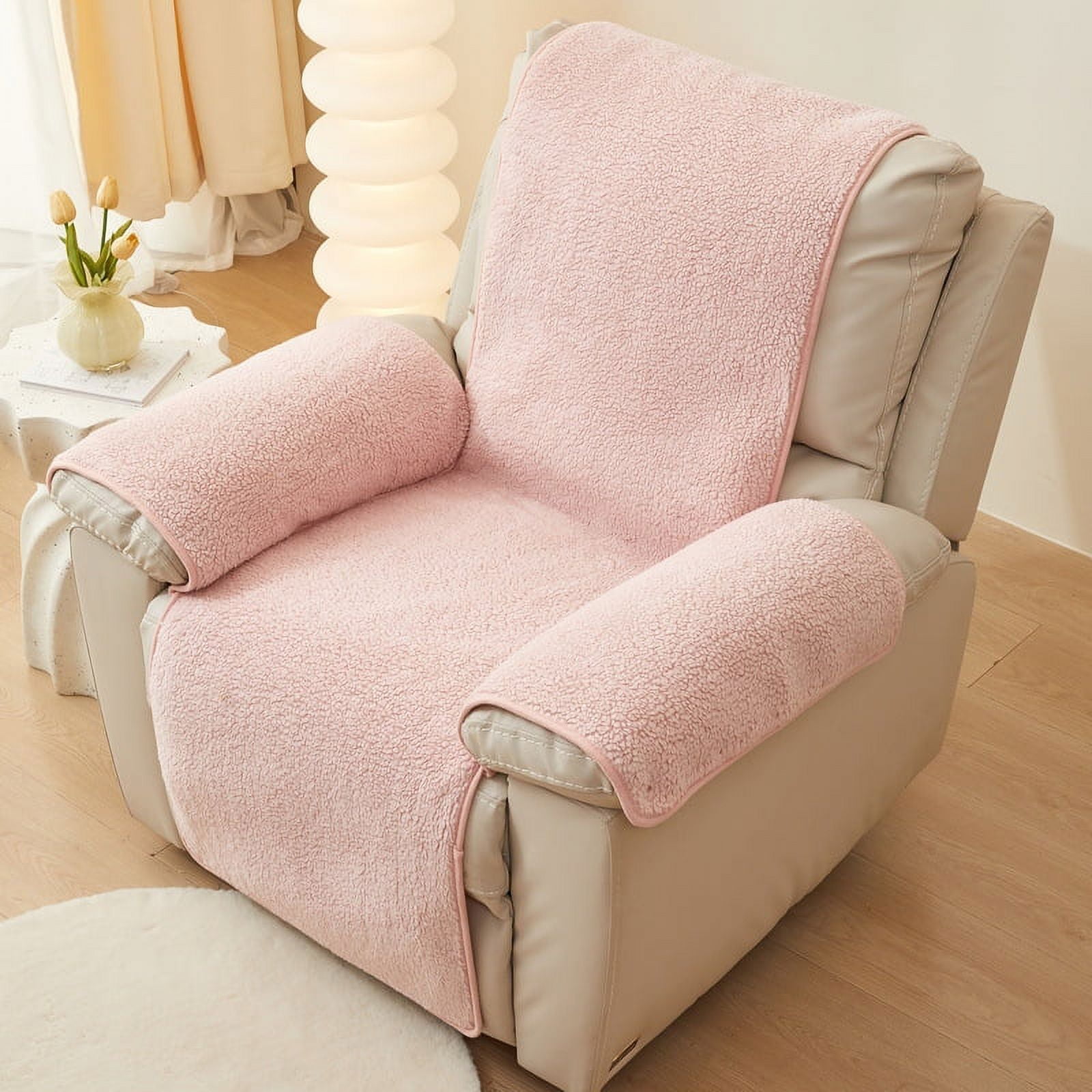 XmhyTop Couch Cover Solid Colour Lamb Wool Sofa cushion 22.04*81.49inch Pink Easy - Fit Washable Reclining Chair Cover for Living Room Sofa - Ideal Furniture Protector