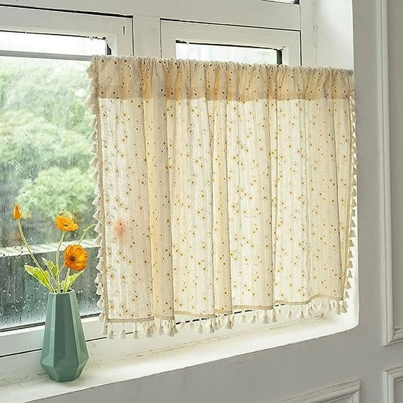 XmhyTop Daisy Floral Cotton Cafe Curtains with Tassels Rod Pocket Short Kitchen Curtain, 1 Panel ,Daisy,24"x35"