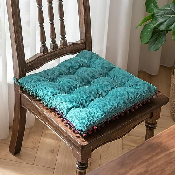 XmhyTop Geometric Print Plush Square Chair Pad - with Secure Ties & Gradient Pom-Pom Trim, Indoor/Outdoor Cushion for Garden, Patio & Home Office (Blue,16"x16")