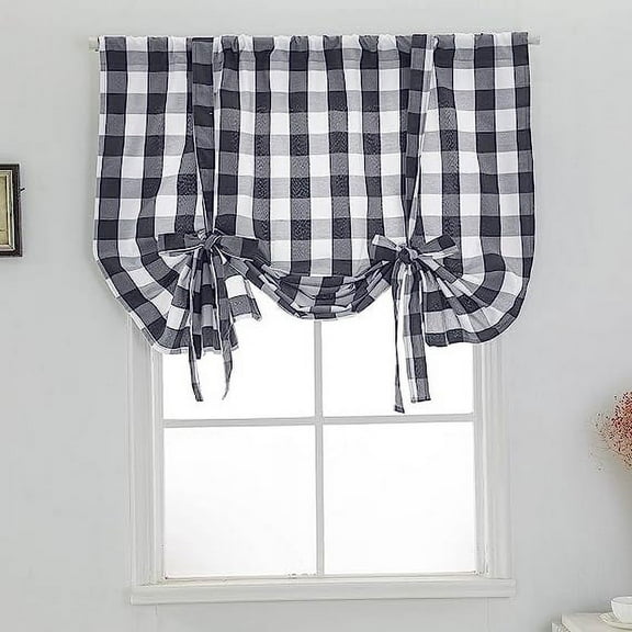 XmhyTop Grey and White Check Tie Up Curtains Farmhouse Thermal Insulated Window Adjustable Balloon Curtain Shade for Small Window (31" x 55", Grey)