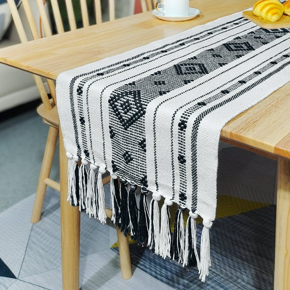 XmhyTop Handmade Tasseled Cotton - Linen Table Flags, Tablecloths, Bed End Towels, Tea Towels & Cabinet Cover Towels (black, 120 * 35cm)