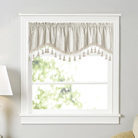 XmhyTop Luxury Velvet Soft Curtain Valances for Living Room Bathroom Cafe Laundry Basement Rod Pocket Tassels Scalloped Short Window Valance Curtains ,Cream,52"x18"