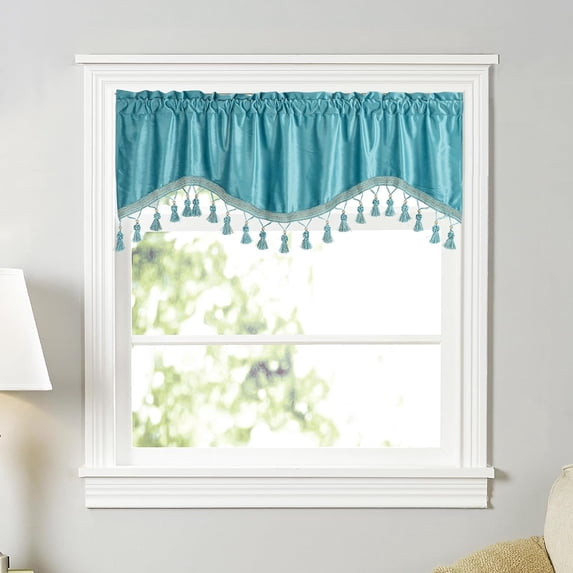 XmhyTop Luxury Velvet Soft Curtain Valances for Living Room Bathroom Cafe Laundry Basement Rod Pocket Tassels Scalloped Short Window Valance Curtains ,Lake Blue,52"x18"