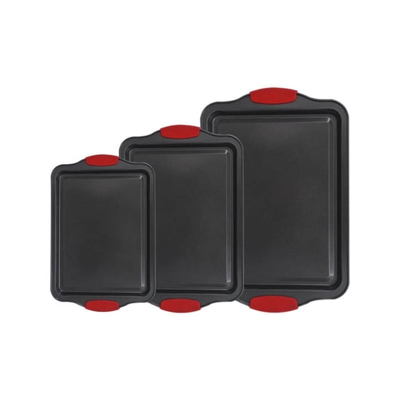 XmhyTop Non stick Kitchen Oven Oven Pan - Luxury and stylish non stick gray coated inner and outer, commercial grade restaurant quality metal pan with red silicone handle, 3-piece set