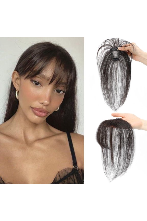 Premium Human Hair Clip-On Bangs, Wispy Air Fringe with Temple Extensions, Natural Curved Style, Versatile for Daily & Party Wear, Women's Hairpieces，Black Brown