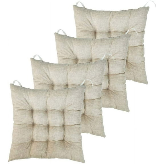 XmhyTop Set of 4 Square Tufted Chair Pads, Solid Color Indoor Seat Cushions with Ties, Plush Pillows for Dining & Kitchen Chairs Linen 18"x18"x3"