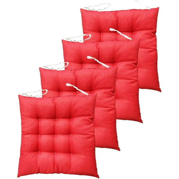 XmhyTop Set of 4 Square Tufted Chair Pads, Solid Color Indoor Seat Cushions with Ties, Plush Pillows for Dining & Kitchen Chairs Red 18"x18"x3"