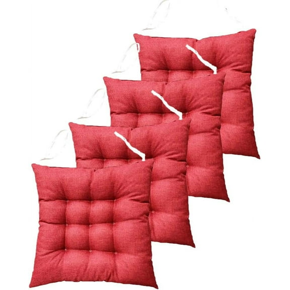 XmhyTop Set of 4 Square Tufted Chair Pads, Solid Color Indoor Seat Cushions with Ties, Plush Pillows for Dining & Kitchen Chairs Wine Red 18"x18"x3"