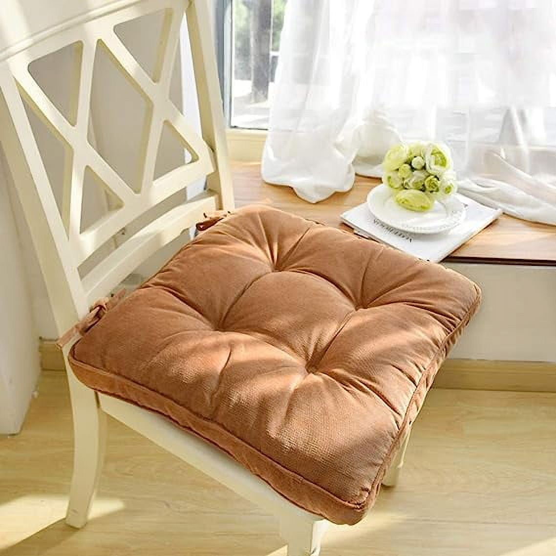 XmhyTop Soft Corduroy Chair Pad with Ties, Outdoor Patio & Indoor Dining Chair Cushion 18"×18"×3.6" Khaki 1Pc