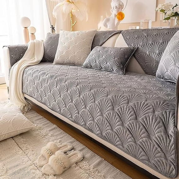 XmhyTop Super Soft Velvet Quilted Sofa Couch Covers Non-Slip Sectional Couch Cover Leaf Pattern Plush Sofa Slipcover Furniture Protector for Pets Kids Children Dog Cat (Grey B,28"x28")