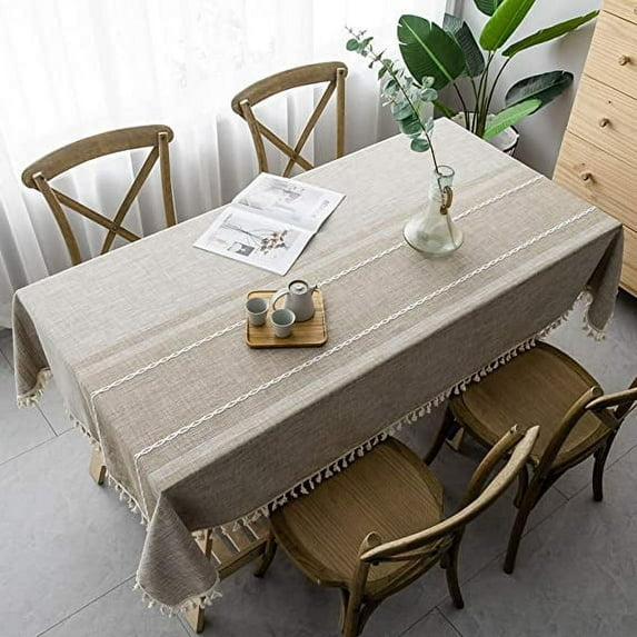 XmhyTop Table Cloth Cotton Linen Tablecloth Wrinkle Free Stitching Tassel Tablecloth Rectangle Table Cloth for Dinning Kitchen Tabletop Decoration (Striped Coffee, Rectangle/Oblong,55 x 87 Inch)