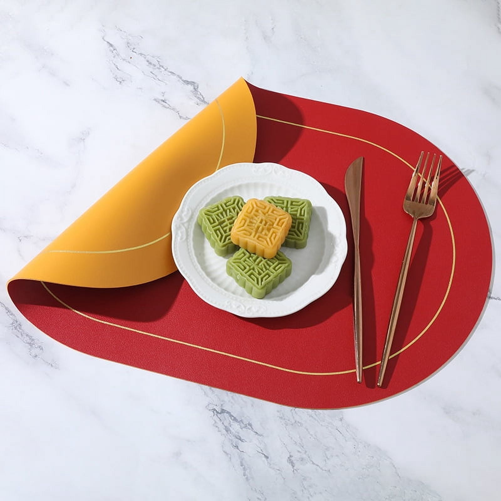 XmhyTop Table Place Mats, 6 Pcs Placemats 45*30cm (17.72*11.8in) Premium PU Leather Placemats,Ideal Place Mats for Dining Tables, Home/Restaurant Use, Surfaces with Modern Flair, Red + Yellow