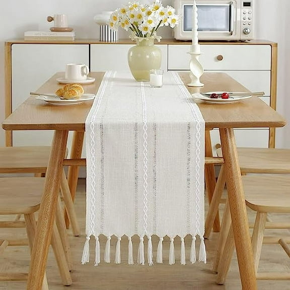 XmhyTop Table Runner, Rustic Farmhouse Table Runners with Tassels, Boho Cotton Linen Table Runner for Table Decorations, Holiday Party and Wedding, 108 Inches, Ivory