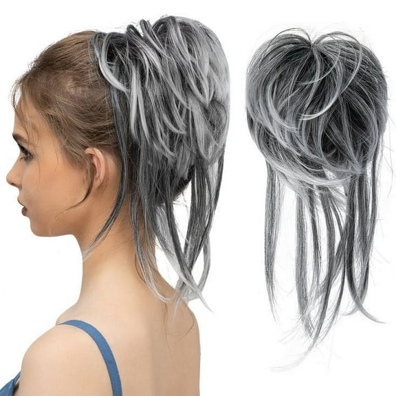XmhyTop Textured Messy Bun Hair Piece with Integrated Elastic Band, Effortless Tousled Updo Extension for Curly Hair, Adjustable Scrunchie, Style Hair Piece for Women Gray and White Tips