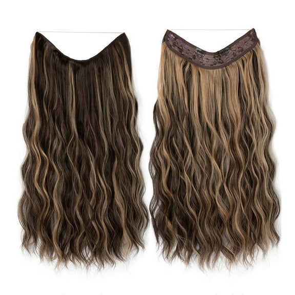 XmhyTop Thick Voluminous Curly Wavy Wire Hair Extensions, Undetectable Invisible Fishline Clip-In Hairpiece, Synthetic Extensions for Women 16Inch ,Brunette Blonde