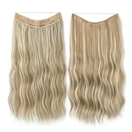 XmhyTop Thick Voluminous Curly Wavy Wire Hair Extensions, Undetectable Invisible Fishline Clip-In Hairpiece, Synthetic Extensions for Women 16Inch ,Honey Blonde