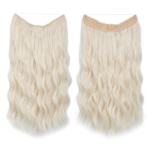 XmhyTop Thick Voluminous Curly Wavy Wire Hair Extensions, Undetectable Invisible Fishline Clip-In Hairpiece, Synthetic Extensions for Women 16Inch ,White Blonde