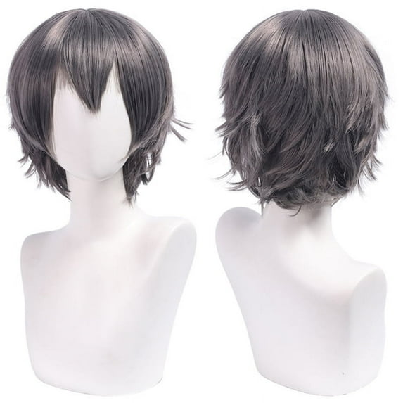 XmhyTop Unisex Short Anime-Style Cosplay Wig, Fluffy Layered Heat-Resistant Synthetic Hair, with Bangs, Ideal for Costume Parties, Prom & Themed Events,Dark Grey to White
