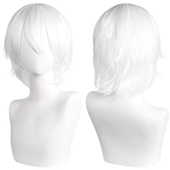 XmhyTop Unisex Short Anime-Style Cosplay Wig, Fluffy Layered Heat-Resistant Synthetic Hair, with Bangs, Ideal for Costume Parties, Prom & Themed EventsWhite