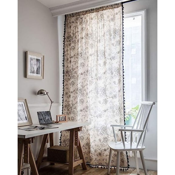 XmhyTop Vintage Floral Print Cotton Linen Window Curtain Panel with Tassels Boho Farmhouse Room Darkening Curtain Panel for Bedroom Living Room, 1 Piece ,59"x71",Flower