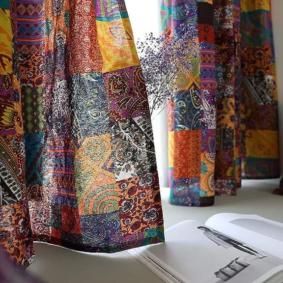 XmhyTop Vintage Patchwork Cotton Linen Window Curtain Panel Rod Pocket Boho Colorful Pattern Room Darkening Window Drapes, 1 Piece ,55"x71",Patchwork