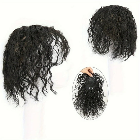 XmhyTop Womens Curly Fluffy Wig Pieces for Top of Head, Seamless Clip-in Top Wiglet, Hair Topper Replacement for Thin Hair, Black