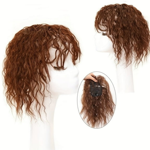 XmhyTop Womens Curly Fluffy Wig Pieces for Top of Head, Seamless Clip-in Top Wiglet, Hair Topper Replacement for Thin Hair, Medium Brown