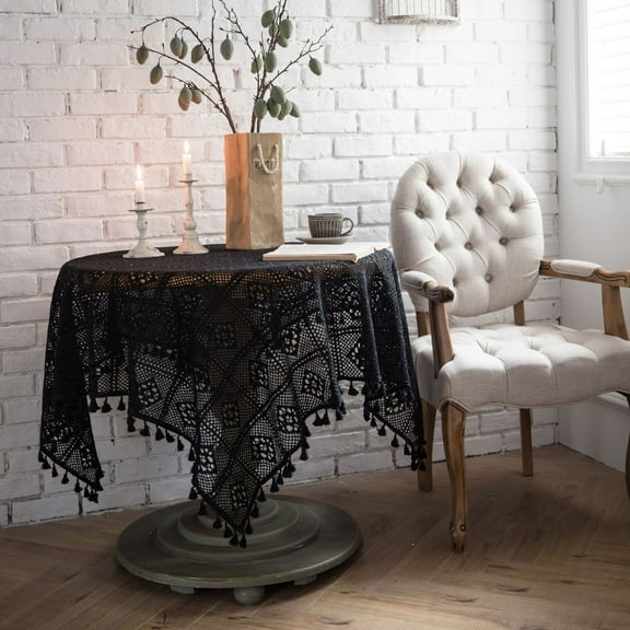 XmhyTop rural crochet tablecloth, table cloth, woven tablecloth, hollowed out tablecloth, piano towel, shooting prop, knitted tablecloth (black tassel, 160 * 140cm)