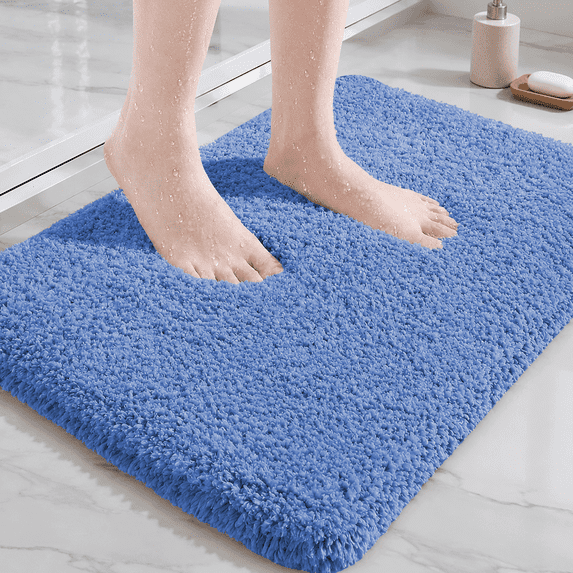 Xmushyra Bath Rug, Non Slip Blue Fluffy Bath Mat for Bathroom Floor, Washable Plush Luxury Bathroom Rug for Tub, Soft Shaggy Absorbent Shower Mat, 16 in x 24 in