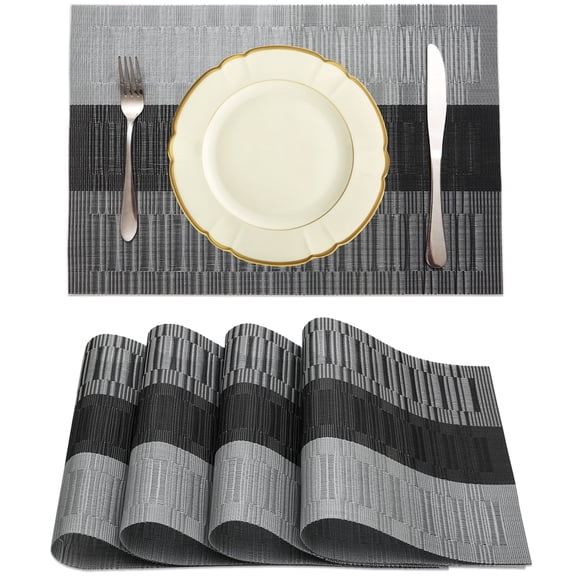 Xmushyra Placemats Set of 4 for Dining Table, Gray Stripe Woven Vinyl Place Mats, Washable Heat Resistant Non-Slip Table Mats for Kitchen Indoor Outdoor