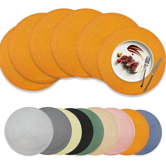 Xmushyra Round Placemats Set of 6, 15 inch Braided Table Mats, Heat Resistant Washable Place Mats for Dining Table, Kitchen and Outdoor Dining, Yellow