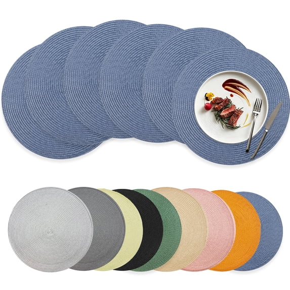 Xmushyra Round Placemats Set of 6, 15 inch Braided Table Mats, Heat Resistant Washable Place Mats for Dining Table, Kitchen and Outdoor Dining, Blue