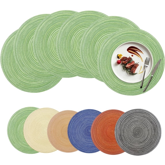 Xmushyra Round Placemats Set of 6, 15 Inch Braided Woven Table Mats, Washable Heat Resistant Non-Slip Place Mats, Green