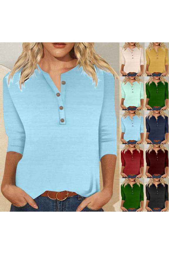 3/4 Length Sleeve Womens Tops Cotton Dressy Button V Neck Henley Shirt Casual Raglan Tunic Blouses Loose Fit Three Quarter Sleeve Tops Woman Printed T Shirt Light