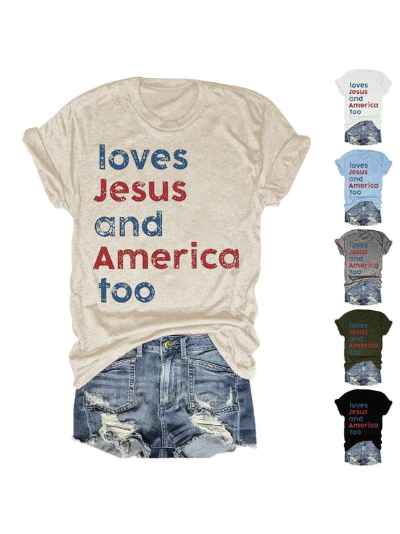 4Th Of July Shirt For Women Loves Jesus & America Too Tshirts Round Neck Short Sleeve Christian Shirts Patriotic Tees