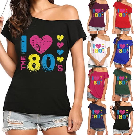 Xmyrz 80S Outfit For Women Vintage 80S Theme Party Disco Off Shoulder Shirts Short Sleeve Retro Neon Tees