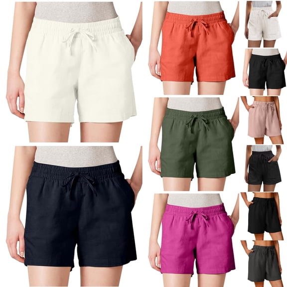 Xmyrz Athletic Shorts For Womens Plus Size Pocket Wide Leg Flax Solid Simple Style Slim Fit Vacation Linen Lounge Trousers Casual Trouser